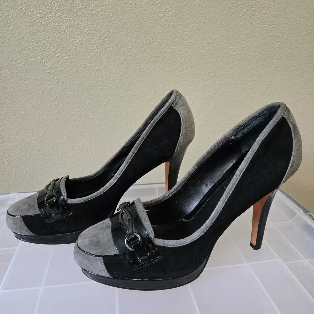 White House Black Market Suede Patent Horsebit Platform Pumps Black Grey 7.5M